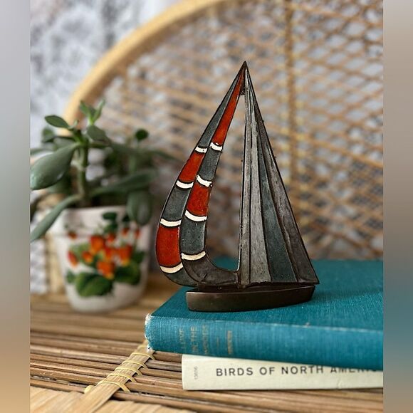 Vintage Penco Enamelled Brass Sailboat Figurine Paperweight Home Decor - Picture 1 of 7